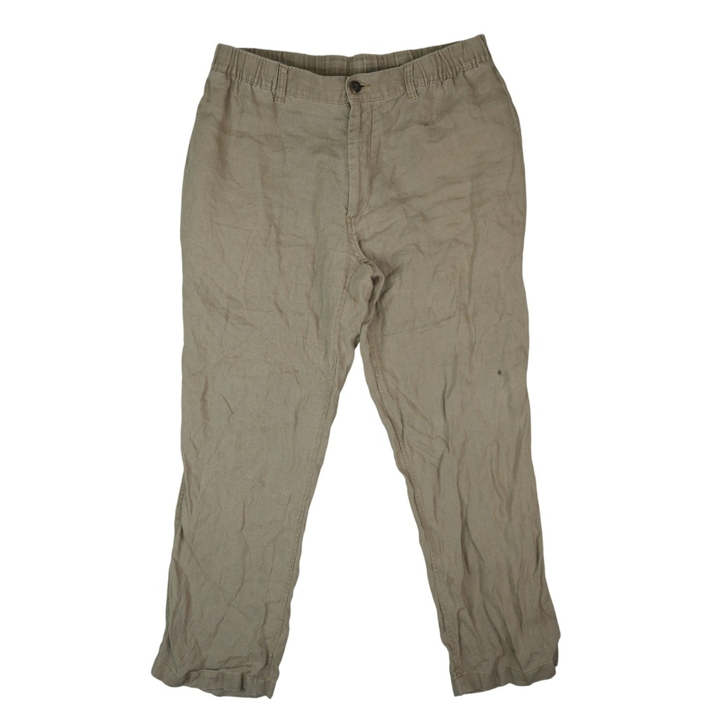 Caribbean 100% Linen Pants Mens 36x30 Tan Elastic Waist Casual Beach Vacation